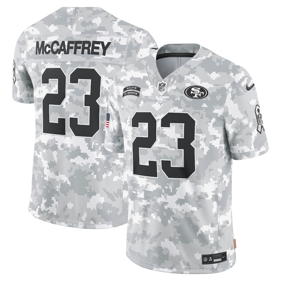 Christian McCaffrey 23 San Francisco 49ers 2024 Salute to Service Limited Men Jersey - Arctic Camo JS8851 Saliibo