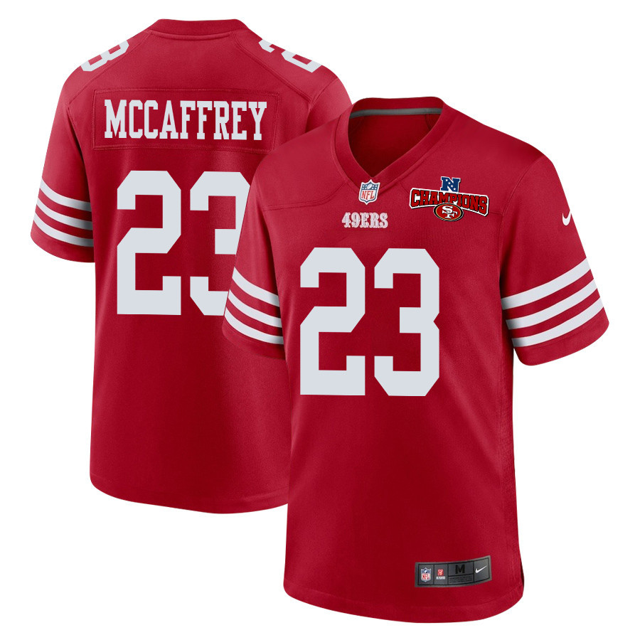 Christian McCaffrey 23 San Francisco 49ers NFC Champions Patch Game Men Jersey - Scarlet JS4415 Saliibo