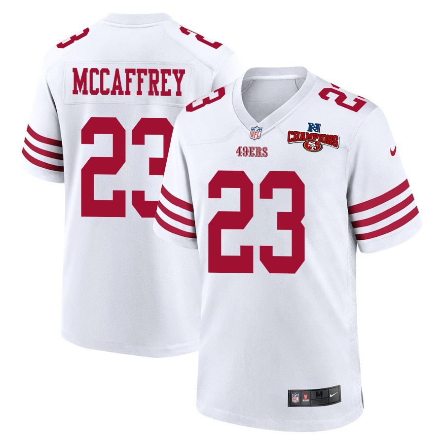 Christian McCaffrey 23 San Francisco 49ers NFC Champions Patch Game Men Jersey - White JS7750 Saliibo