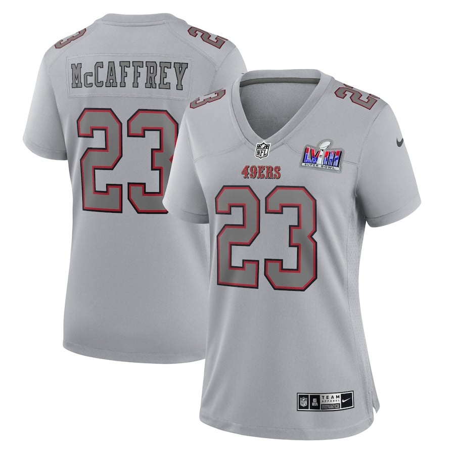 Christian McCaffrey 23 San Francisco 49ers Super Bowl LVIII Atmosphere Fashion Game Women Jersey - Gray JS4360 Saliibo