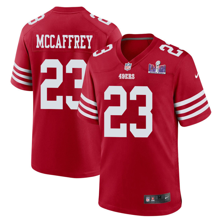Christian McCaffrey 23 San Francisco 49ers Super Bowl LVIII Patch Game Men Jersey - Scarlet JS2374 Saliibo