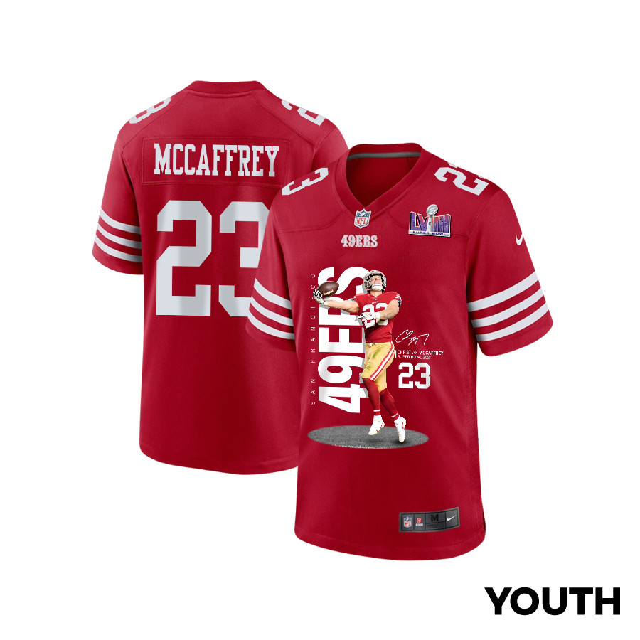 Christian McCaffrey 23 San Francisco 49ers Throwing Ball Game YOUTH Jersey - Scarlet JS7191 Saliibo