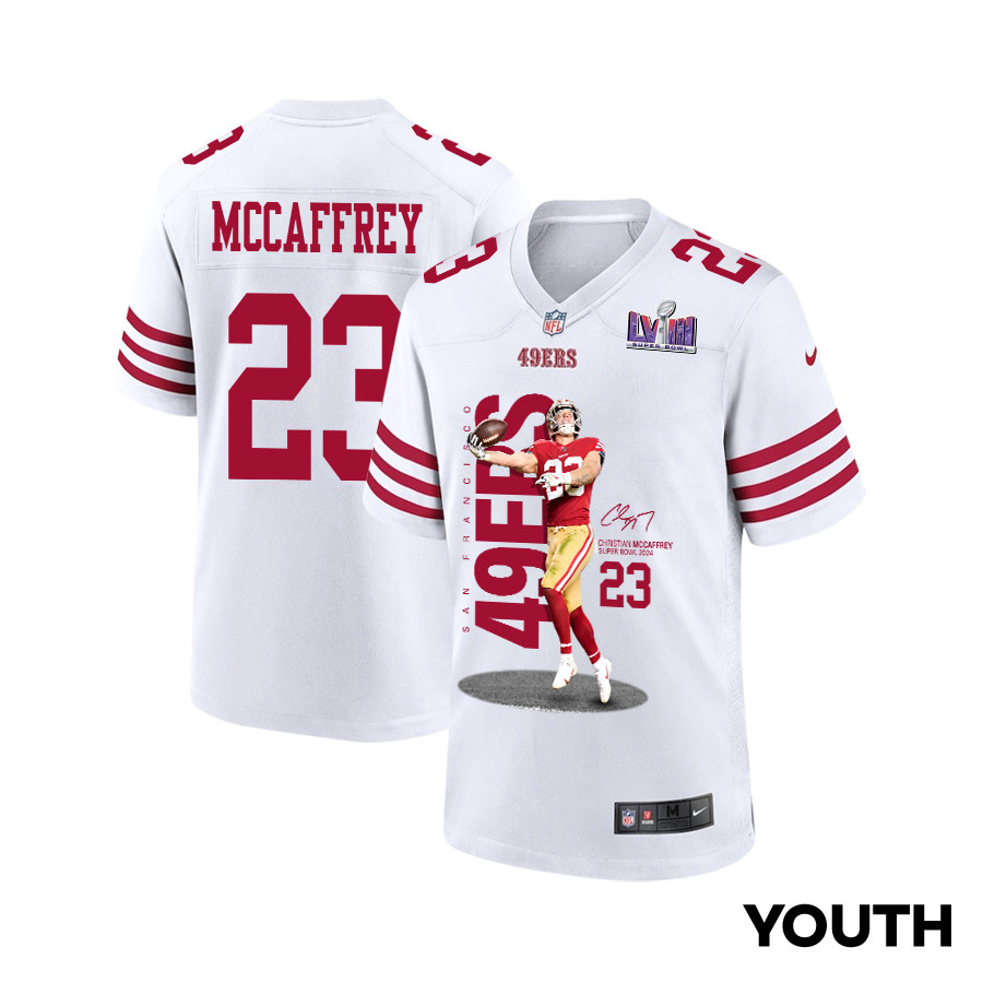 Christian McCaffrey 23 San Francisco 49ers Throwing Ball Game YOUTH Jersey - White JS4948 Saliibo