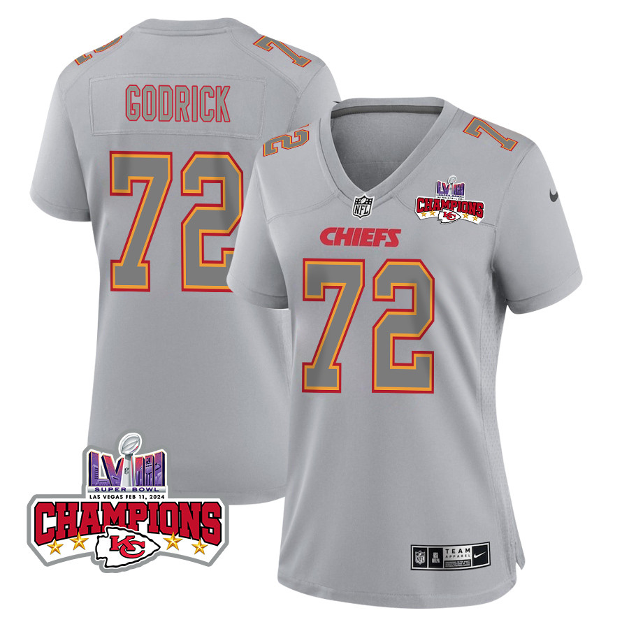 Chukwuebuka Godrick 72 Kansas City Chiefs Super Bowl LVIII Champions 4 Stars Patch Atmosphere Fashion Game Women Jersey - Gray JS7559 Saliibo