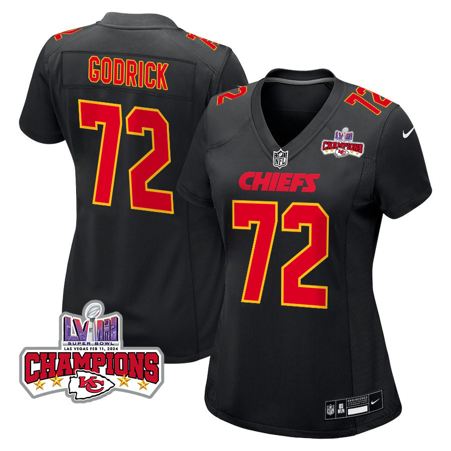 Chukwuebuka Godrick 72 Kansas City Chiefs Super Bowl LVIII Champions 4 Stars Patch Fashion Game Women Jersey - Carbon Black JS5398 Saliibo