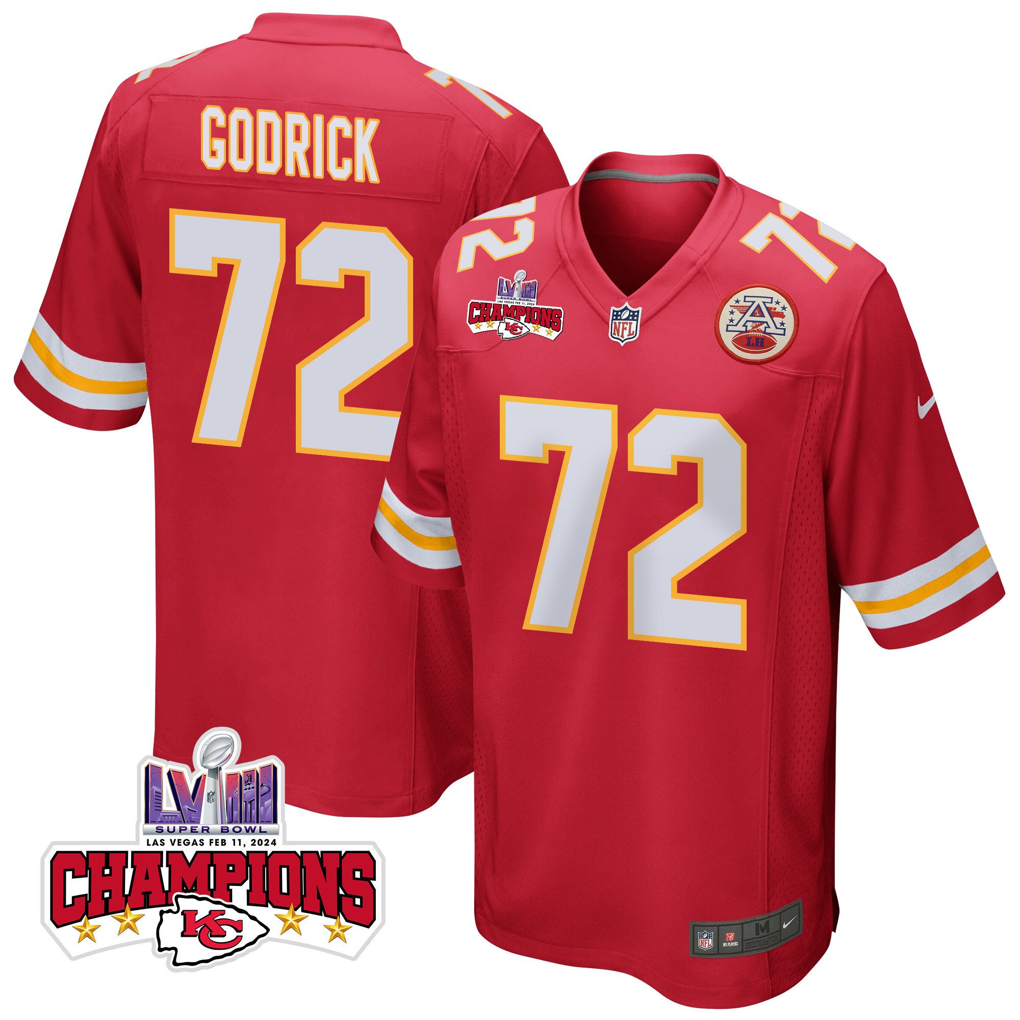 Chukwuebuka Godrick 72 Kansas City Chiefs Super Bowl LVIII Champions 4 Stars Patch Game Men Jersey - Red JS1923 Saliibo