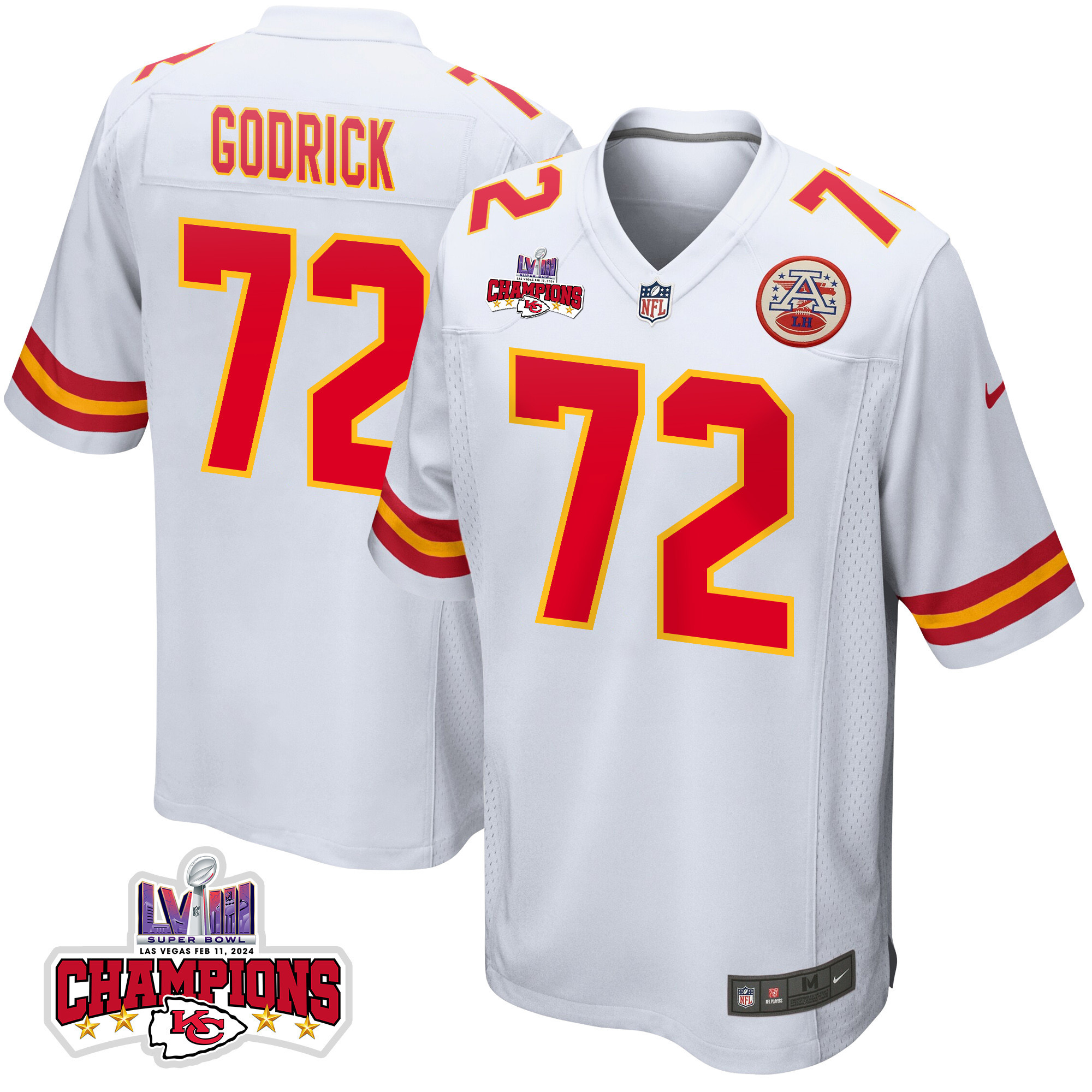 Chukwuebuka Godrick 72 Kansas City Chiefs Super Bowl LVIII Champions 4 Stars Patch Game Men Jersey - White JS8142 Saliibo