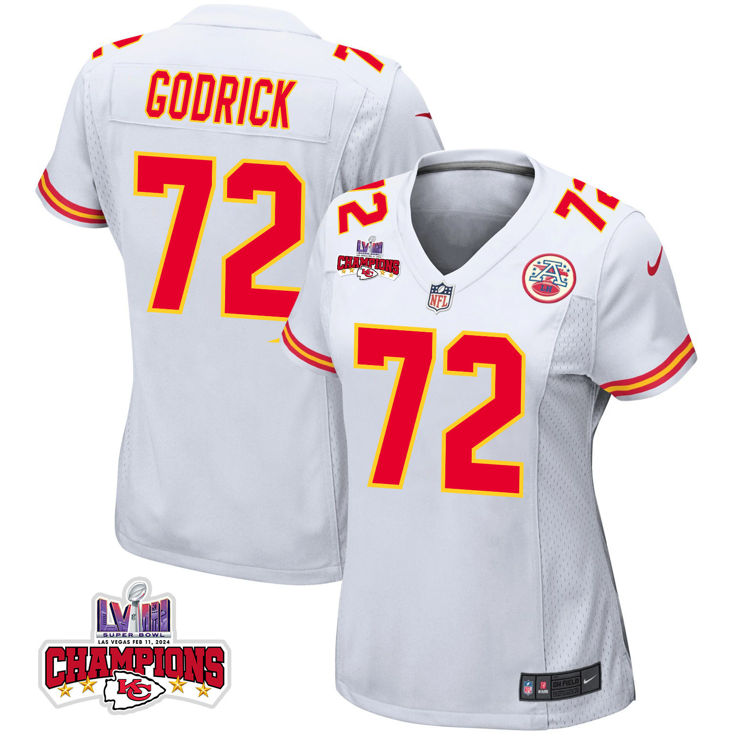 Chukwuebuka Godrick 72 Kansas City Chiefs Super Bowl LVIII Champions 4 Stars Patch Game Women Jersey - White JS7871 Saliibo