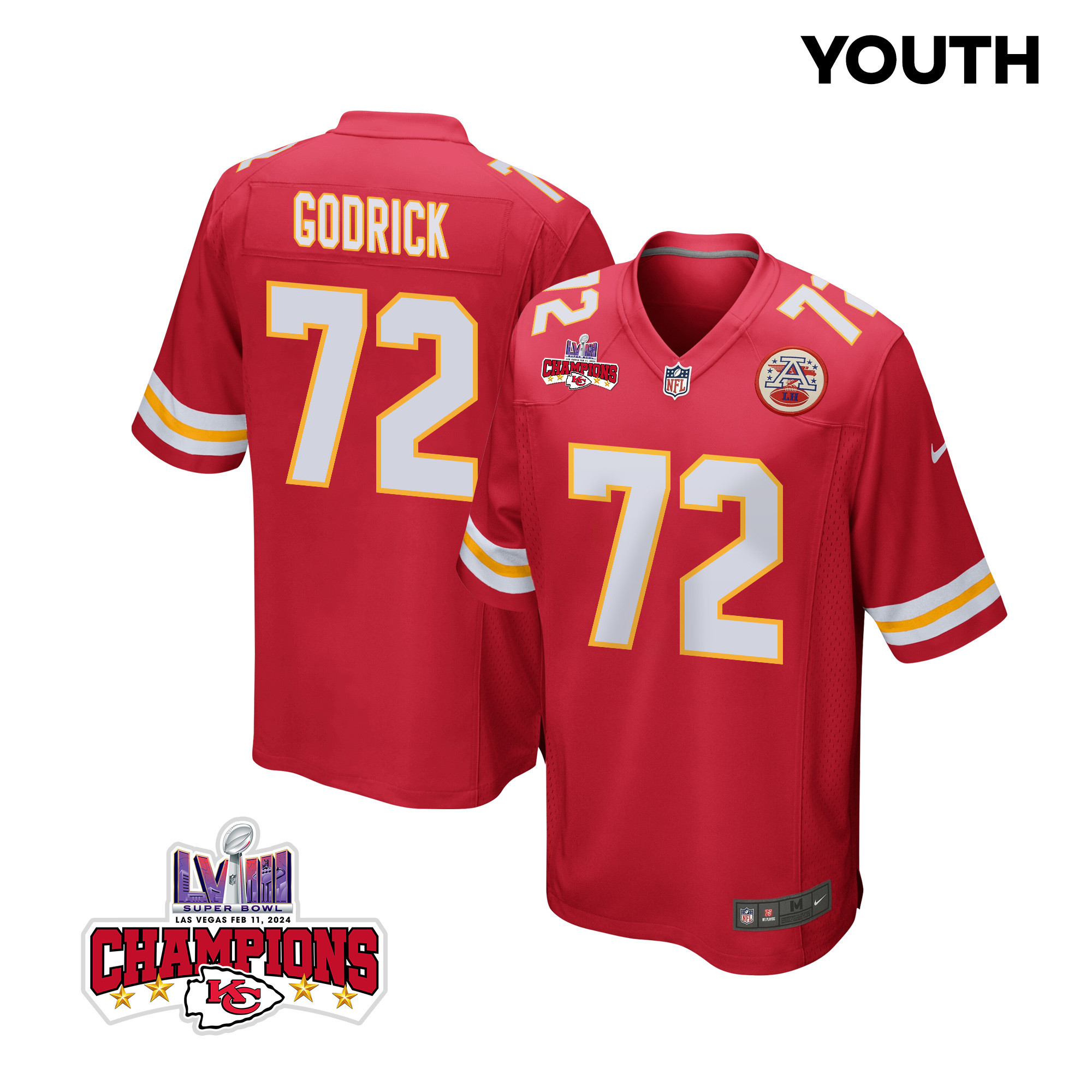 Chukwuebuka Godrick 72 Kansas City Chiefs Super Bowl LVIII Champions 4 Stars Patch Game YOUTH Jersey - Red JS7581 Saliibo