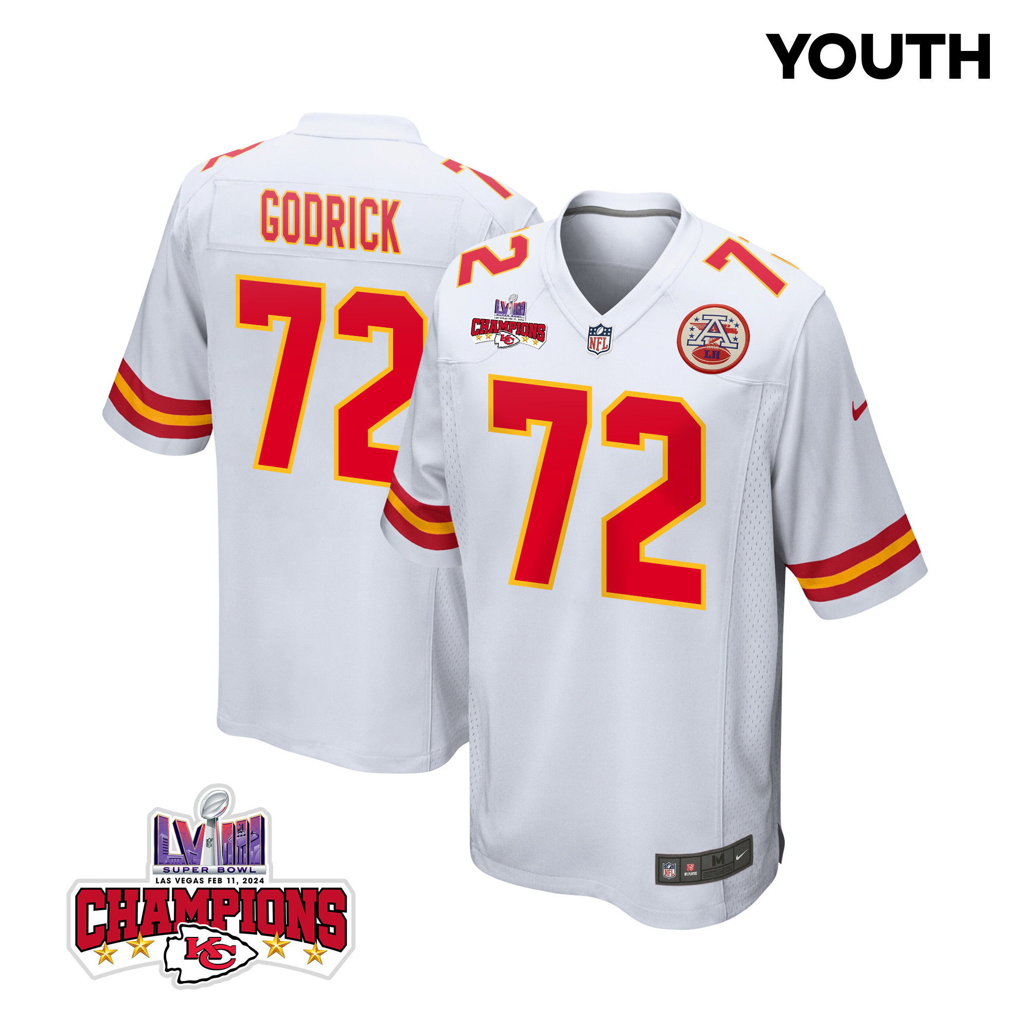 Chukwuebuka Godrick 72 Kansas City Chiefs Super Bowl LVIII Champions 4 Stars Patch Game YOUTH Jersey - White JS3959 Saliibo