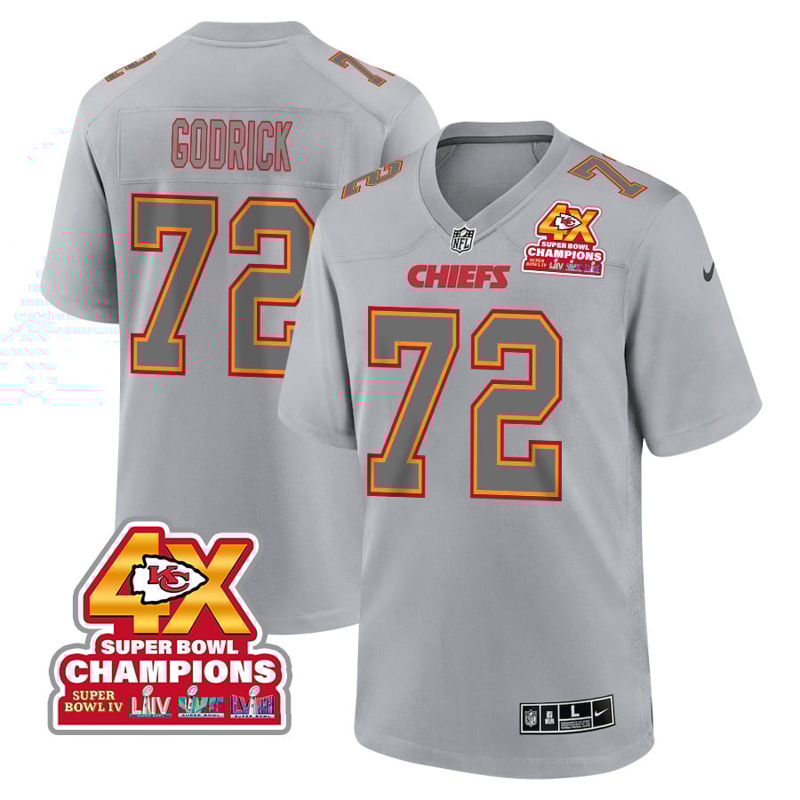 Chukwuebuka Godrick 72 Kansas City Chiefs Super Bowl LVIII Champions 4X Atmosphere Fashion Game Men Jersey - Gray JS4489 Saliibo