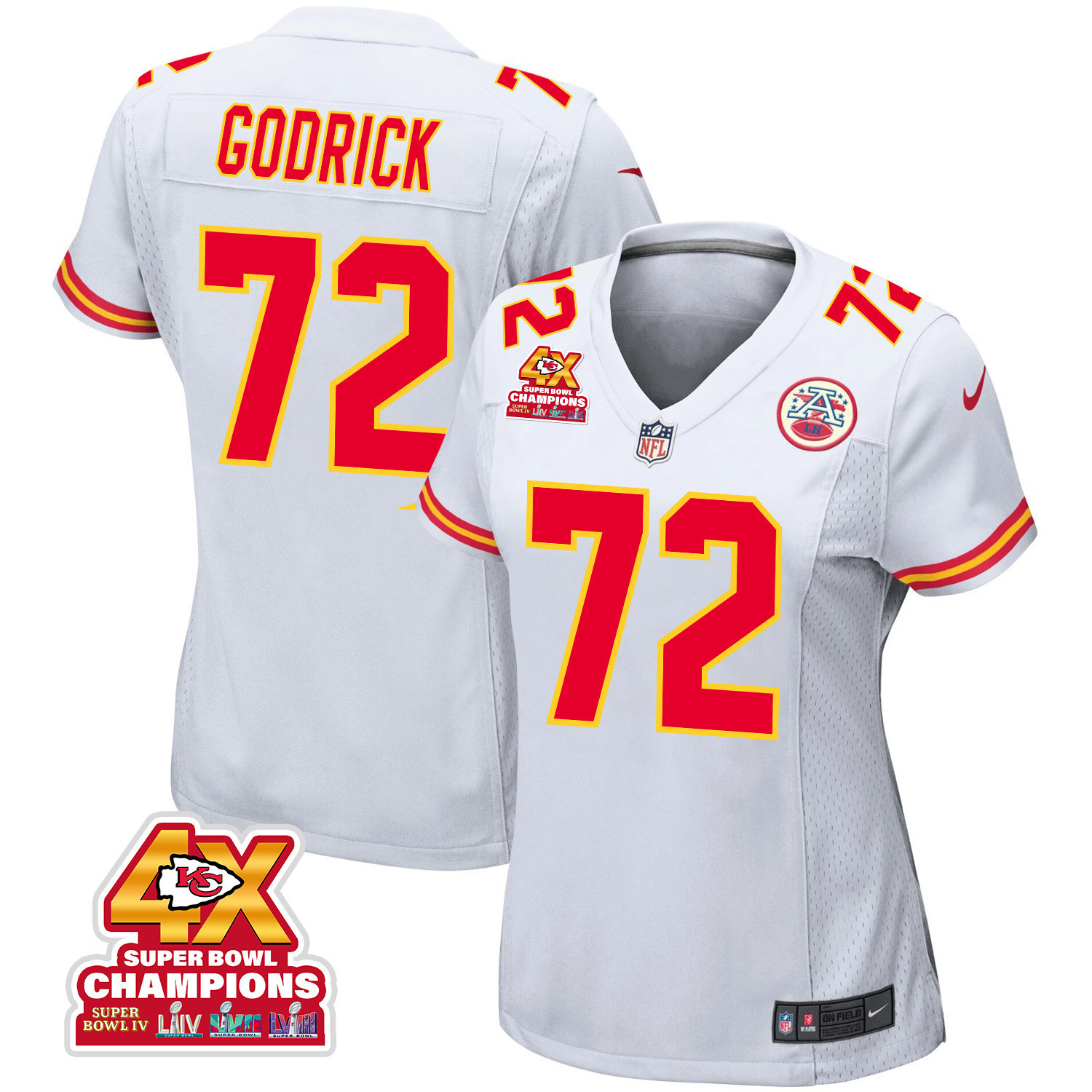 Chukwuebuka Godrick 72 Kansas City Chiefs Super Bowl LVIII Champions 4X Game Women Jersey - White JS7351 Saliibo