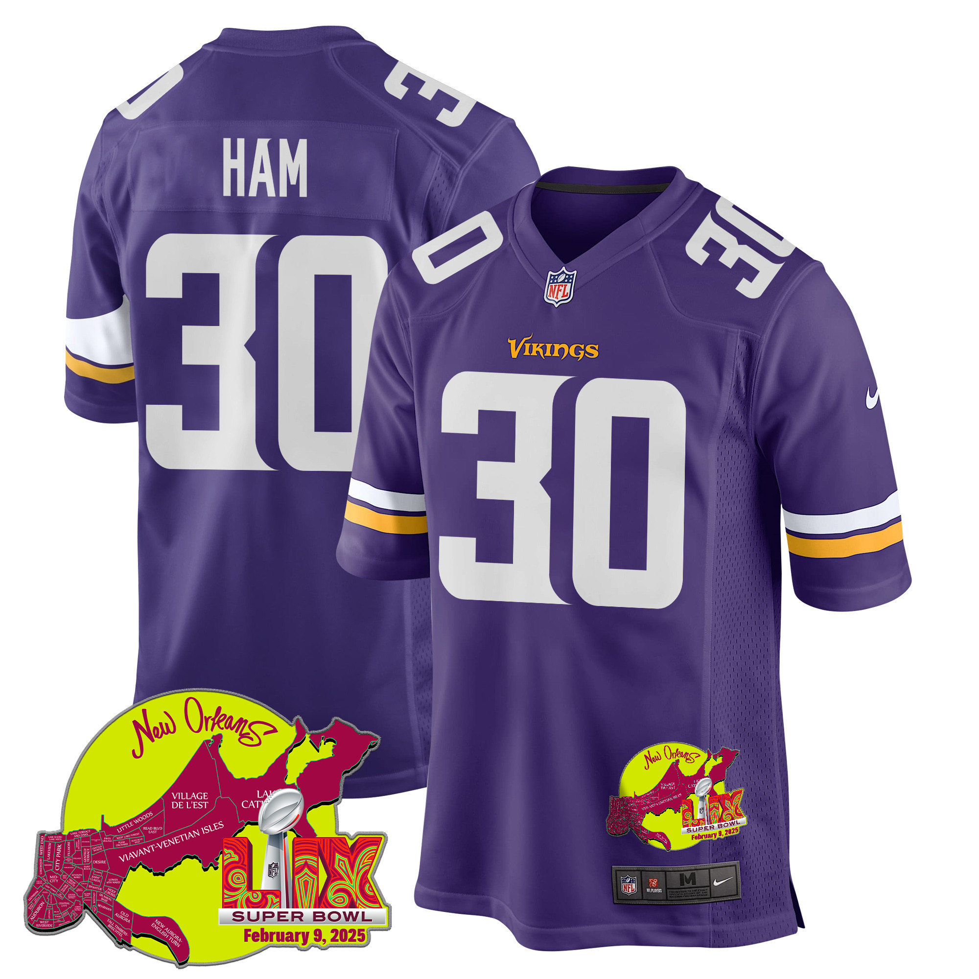 C.J. Ham 30 Minnesota Vikings Super Bowl LIX New Orleans Patch Game Men Jersey - Purple JS6238 Saliibo