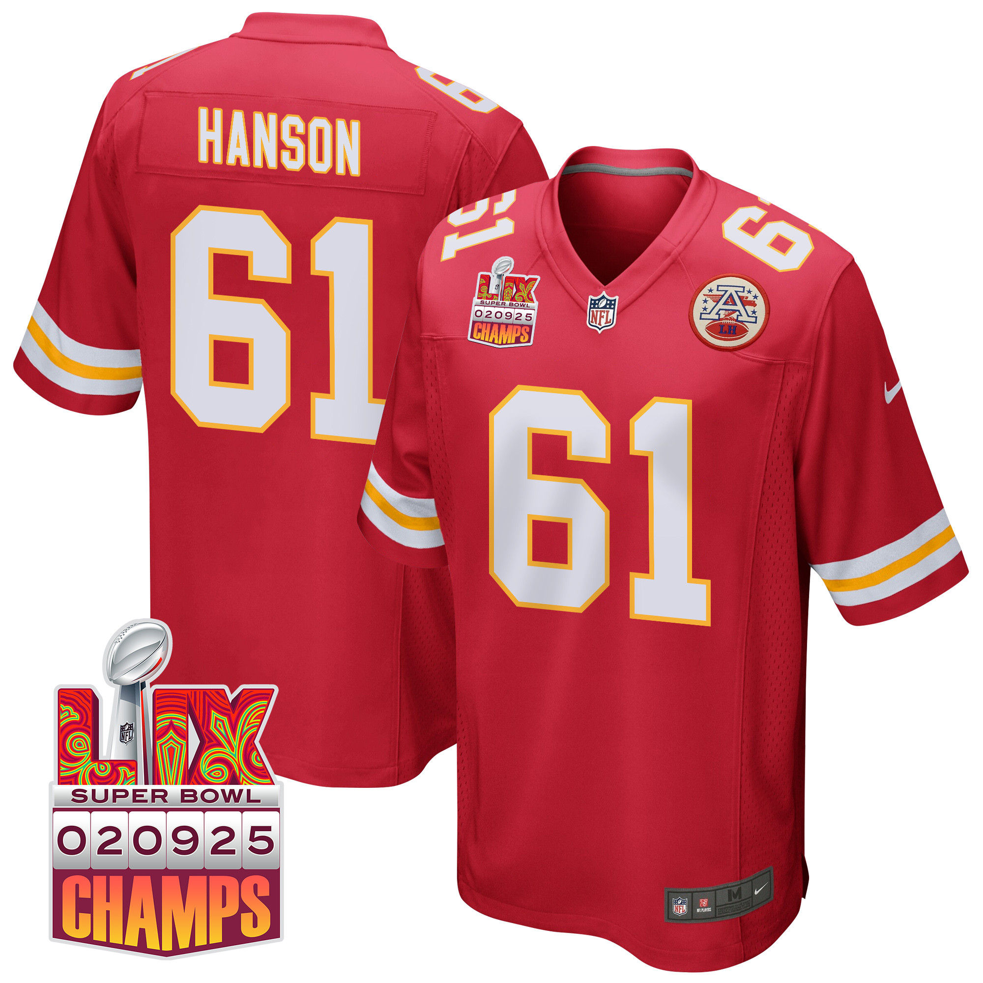 C.J. Hanson 61 Kansas City Chiefs Super Bowl LIX Champions Patch Game Men Jersey - Red JS7592 Saliibo