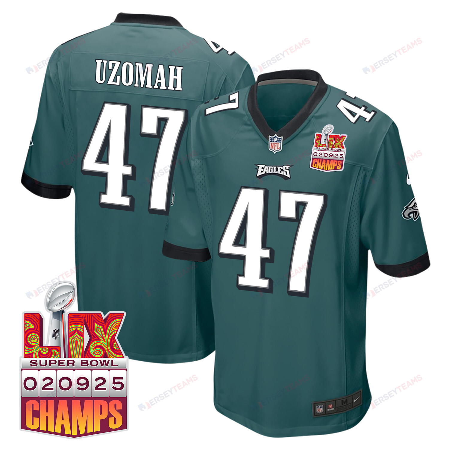 C.J. Uzomah 47 Philadelphia Eagles Super Bowl LIX Champions Patch Game Men Jersey - Midnight Green JS9118 Saliibo