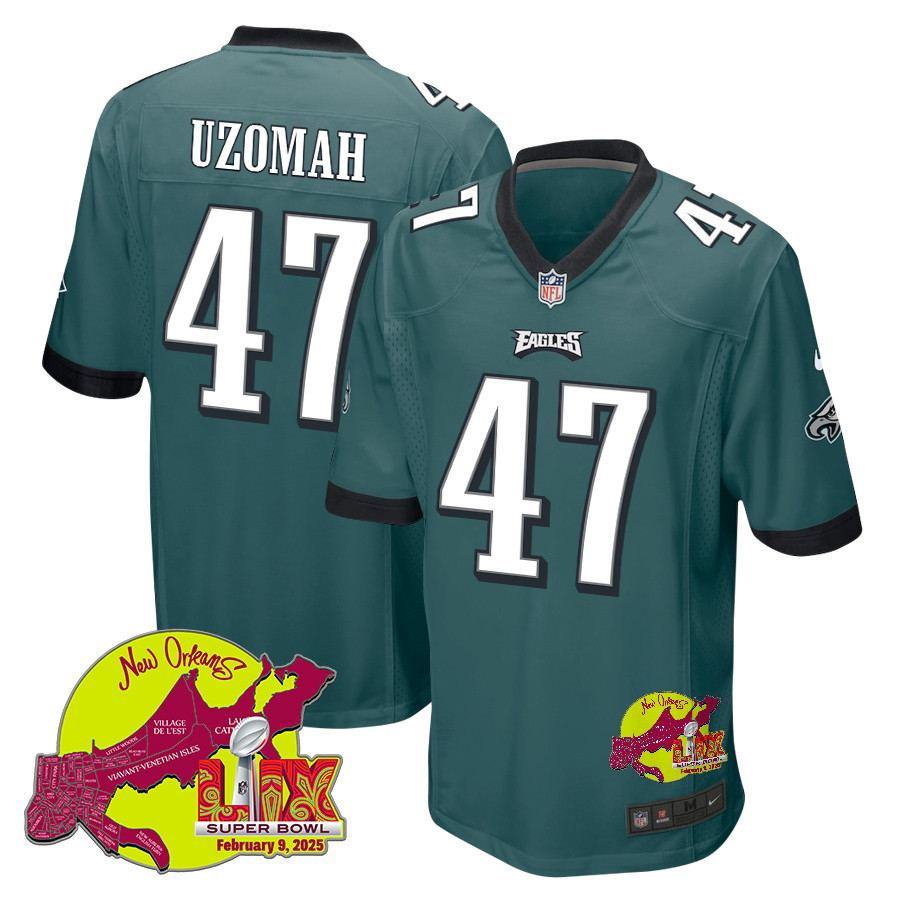 C.J. Uzomah 47 Philadelphia Eagles Super Bowl LIX New Orleans Patch Game Men Jersey - Midnight Green JS4110 Saliibo