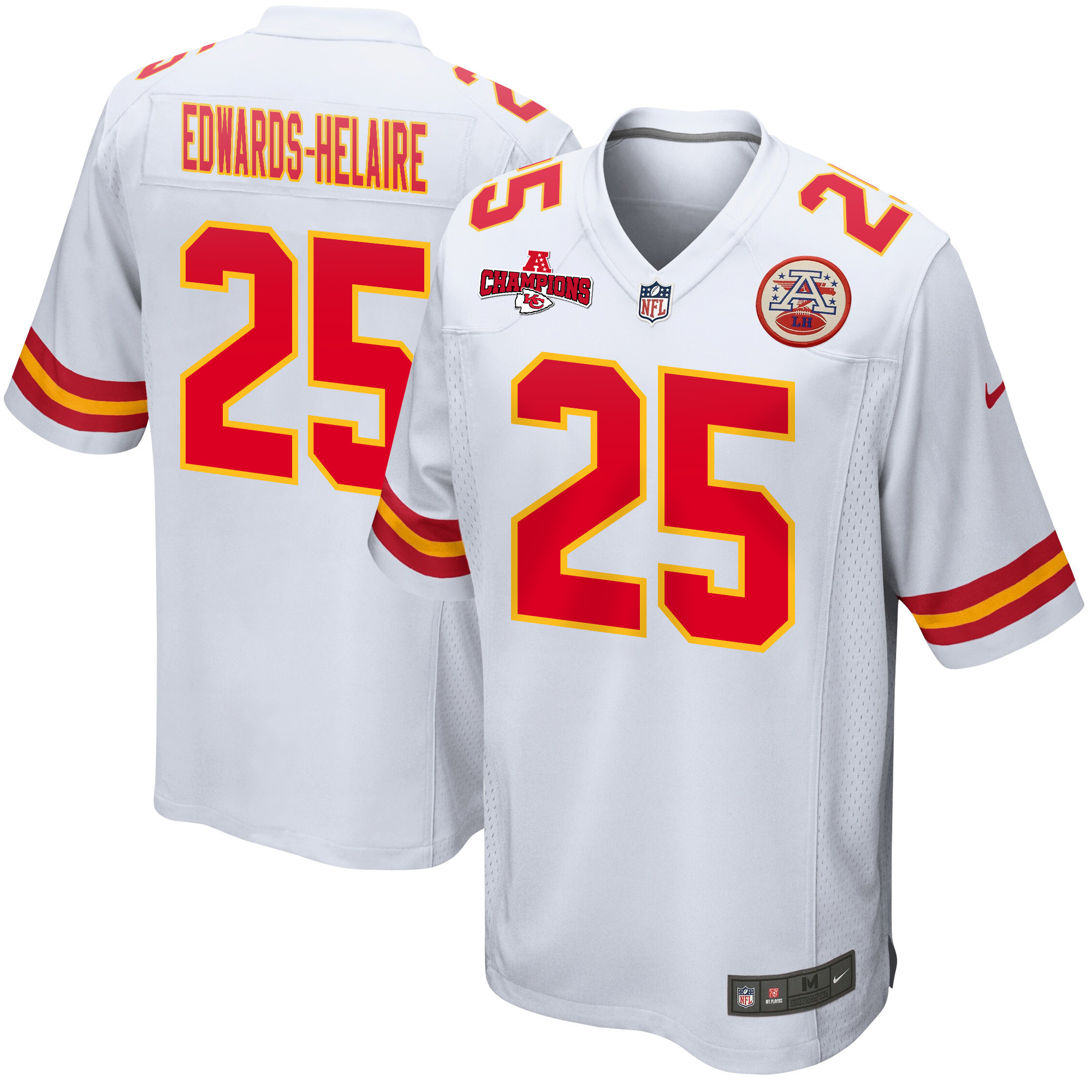 Clyde Edwards-Helaire 25 Kansas City Chiefs AFC Champions Patch Game Men Jersey - White JS6542 Saliibo