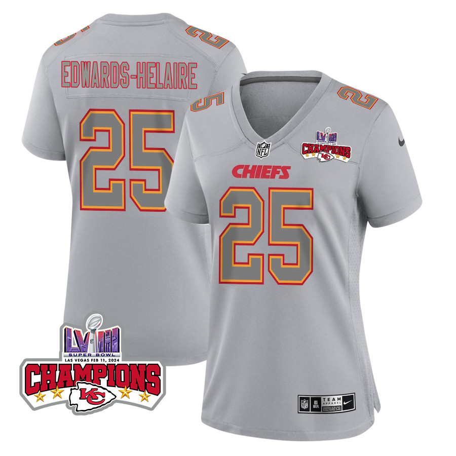 Clyde Edwards-Helaire 25 Kansas City Chiefs Super Bowl LVIII Champions 4 Stars Patch Atmosphere Fashion Game Women Jersey - Gray JS1431 Saliibo