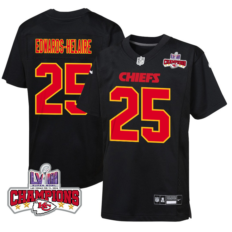 Clyde Edwards-Helaire 25 Kansas City Chiefs Super Bowl LVIII Champions 4 Stars Patch Fashion Game YOUTH Jersey - Carbon Black JS4997 Saliibo
