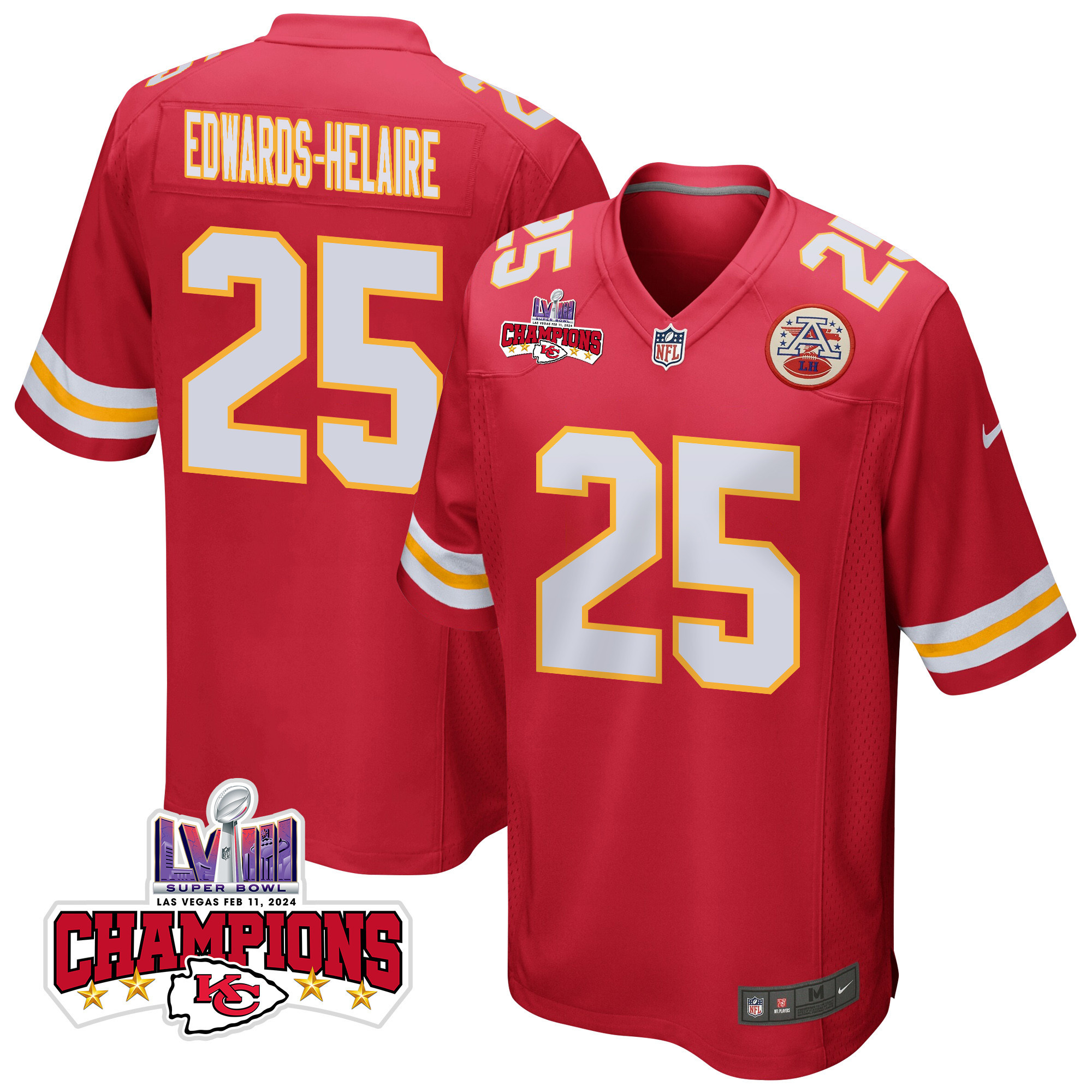 Clyde Edwards-Helaire 25 Kansas City Chiefs Super Bowl LVIII Champions 4 Stars Patch Game Men Jersey - Red JS8538 Saliibo