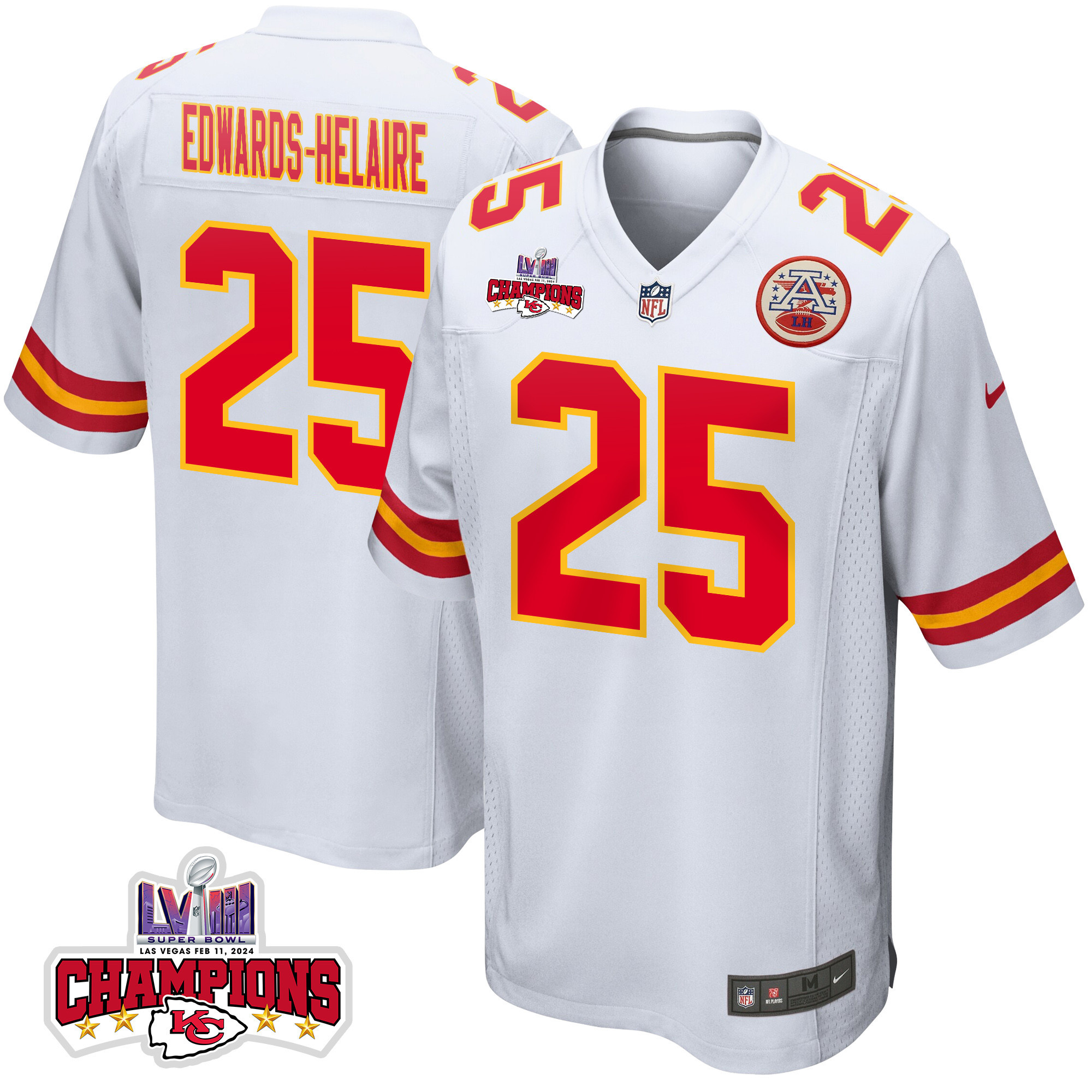 Clyde Edwards-Helaire 25 Kansas City Chiefs Super Bowl LVIII Champions 4 Stars Patch Game Men Jersey - White JS5863 Saliibo