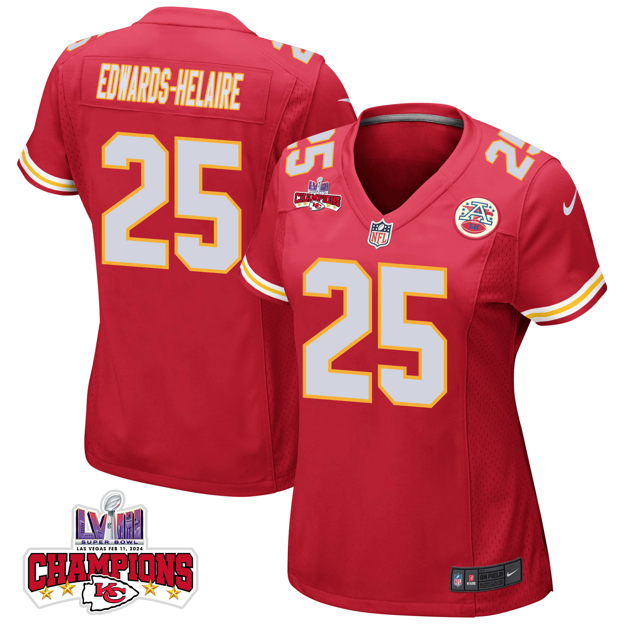 Clyde Edwards-Helaire 25 Kansas City Chiefs Super Bowl LVIII Champions 4 Stars Patch Game Women Jersey - Red JS8037 Saliibo