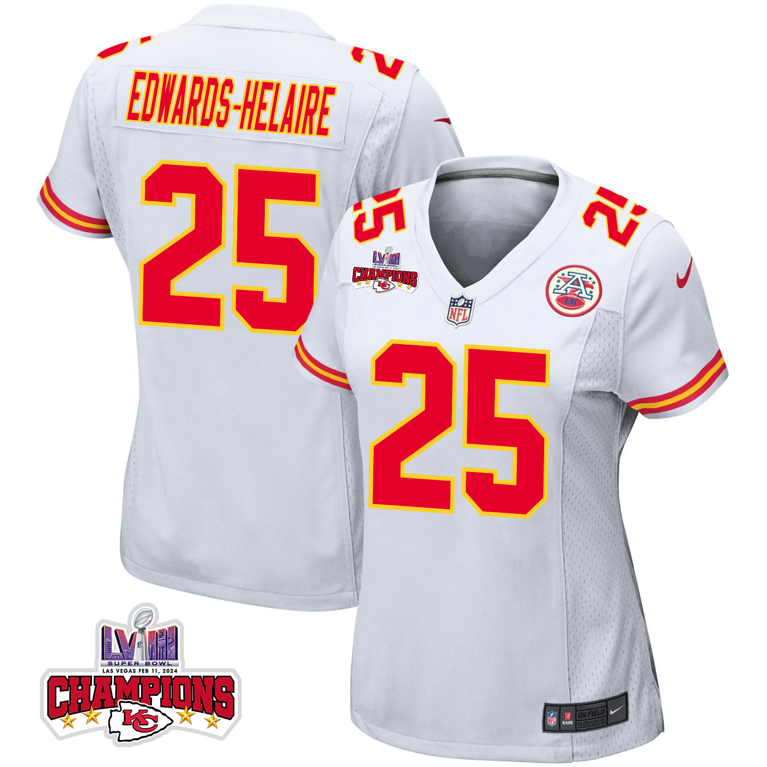 Clyde Edwards-Helaire 25 Kansas City Chiefs Super Bowl LVIII Champions 4 Stars Patch Game Women Jersey - White JS8579 Saliibo