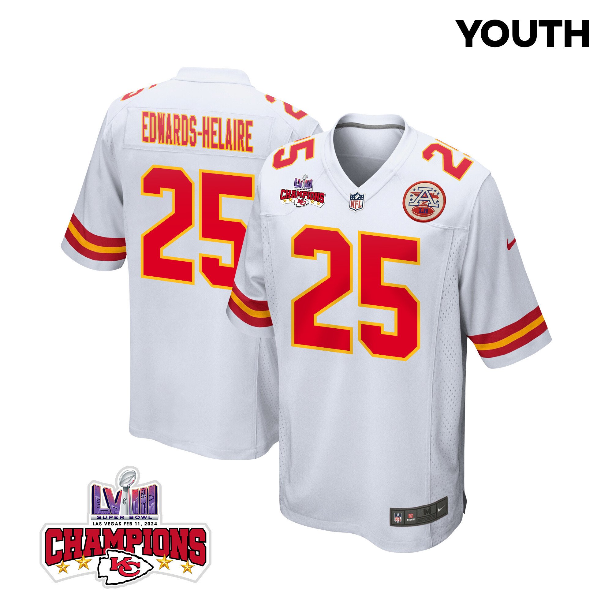 Clyde Edwards-Helaire 25 Kansas City Chiefs Super Bowl LVIII Champions 4 Stars Patch Game YOUTH Jersey - White JS2256 Saliibo