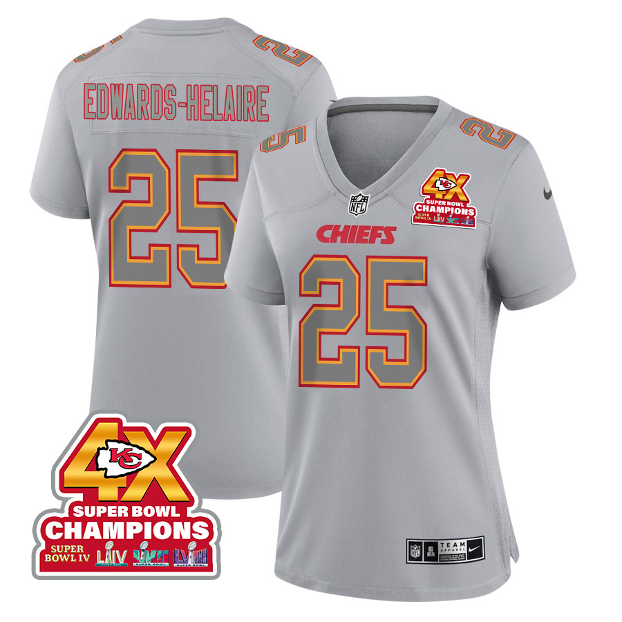 Clyde Edwards-Helaire 25 Kansas City Chiefs Super Bowl LVIII Champions 4X Atmosphere Fashion Game Women Jersey - Gray JS9537 Saliibo