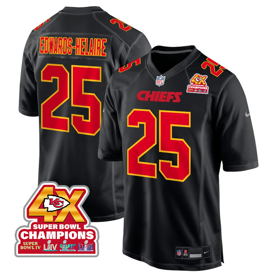 Clyde Edwards-Helaire 25 Kansas City Chiefs Super Bowl LVIII Champions 4X Fashion Game Men Jersey - Carbon Black JS8515 Saliibo