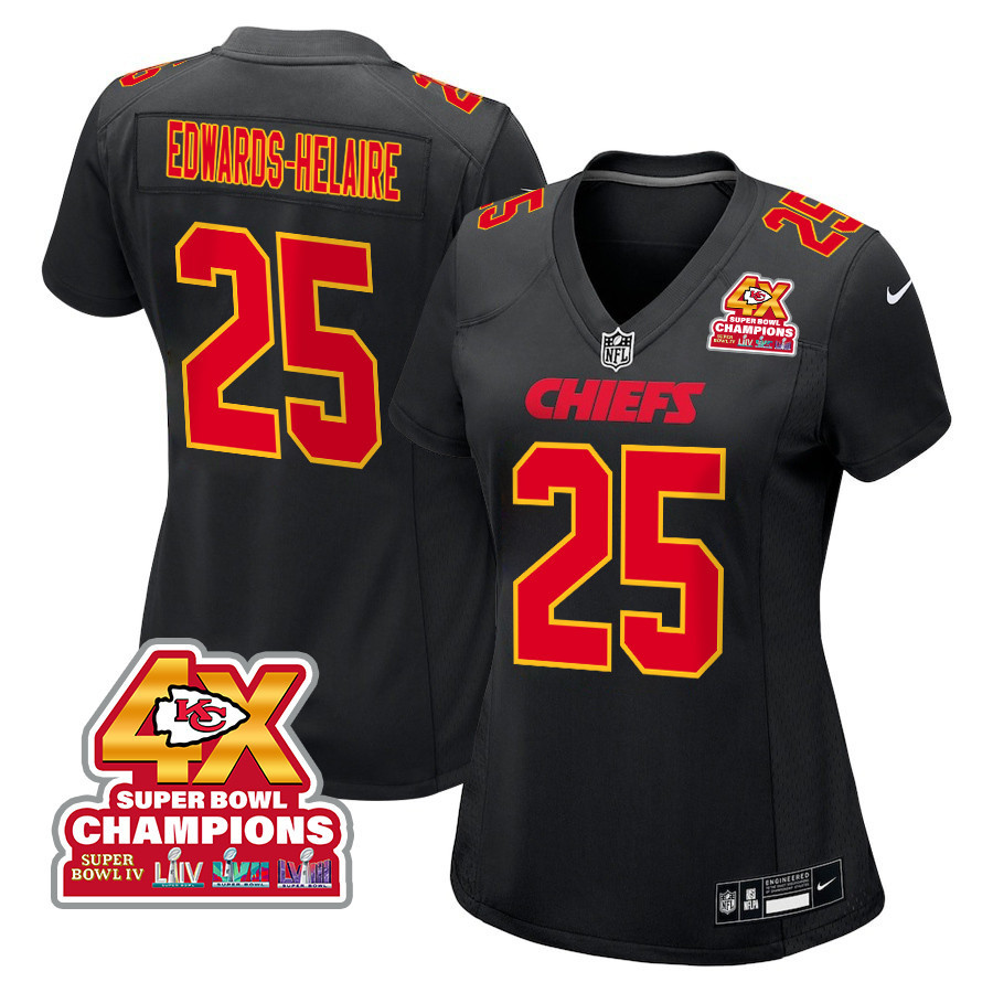 Clyde Edwards-Helaire 25 Kansas City Chiefs Super Bowl LVIII Champions 4X Fashion Game Women Jersey - Carbon Black JS8320 Saliibo