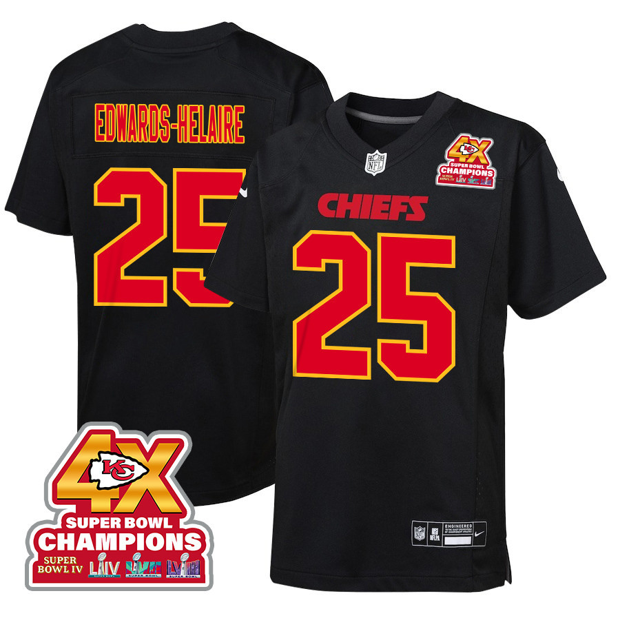 Clyde Edwards-Helaire 25 Kansas City Chiefs Super Bowl LVIII Champions 4X Fashion Game YOUTH Jersey - Carbon Black JS2990 Saliibo