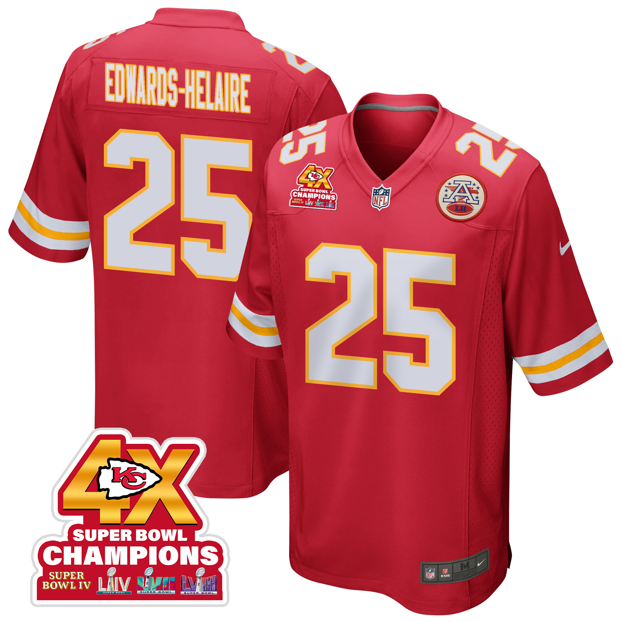 Clyde Edwards-Helaire 25 Kansas City Chiefs Super Bowl LVIII Champions 4X Game Men Jersey - Red JS7210 Saliibo
