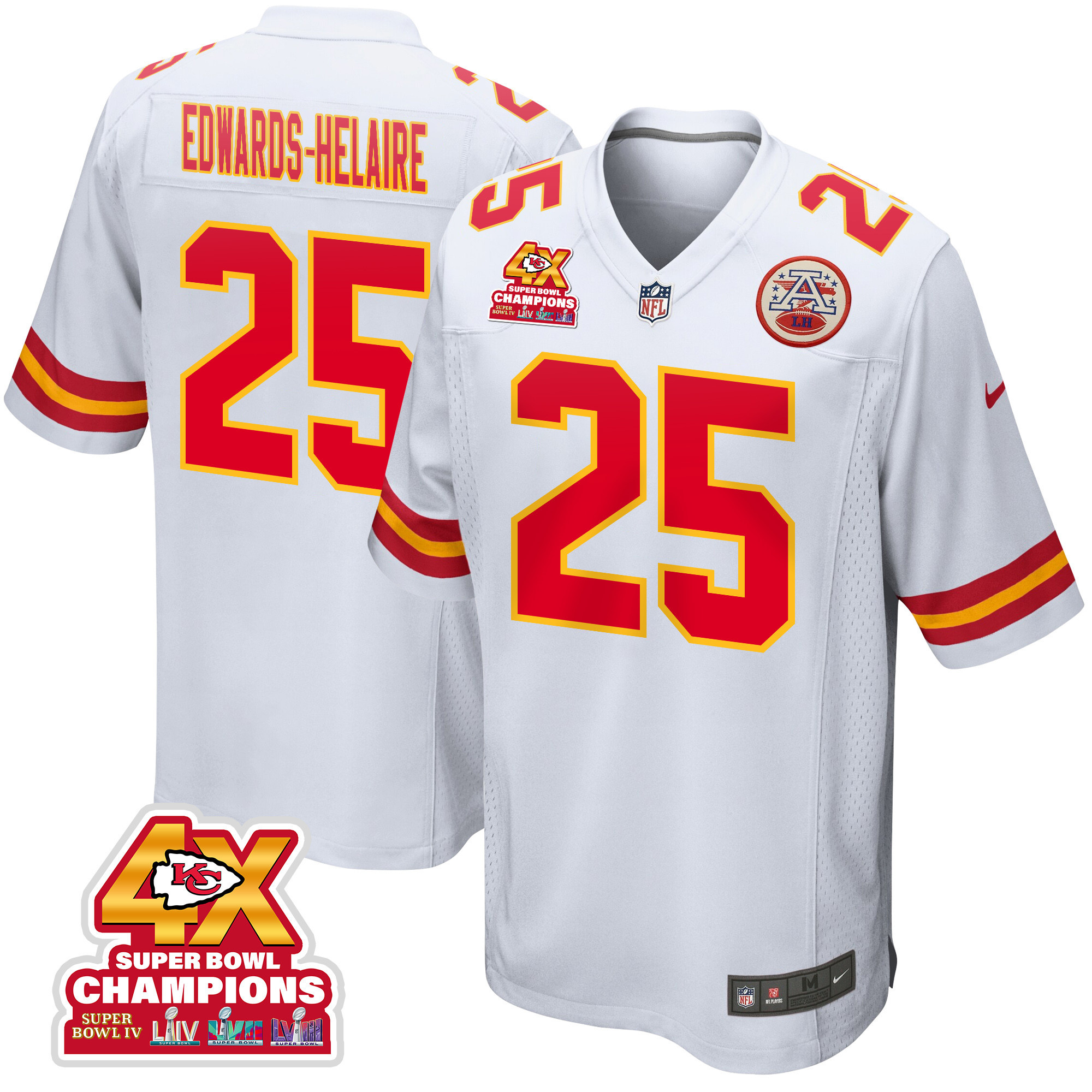 Clyde Edwards-Helaire 25 Kansas City Chiefs Super Bowl LVIII Champions 4X Game Men Jersey - White JS3927 Saliibo