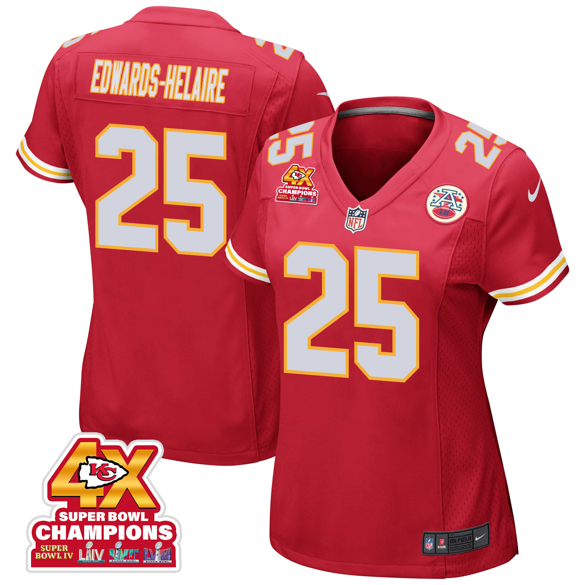 Clyde Edwards-Helaire 25 Kansas City Chiefs Super Bowl LVIII Champions 4X Game Women Jersey - Red JS8069 Saliibo