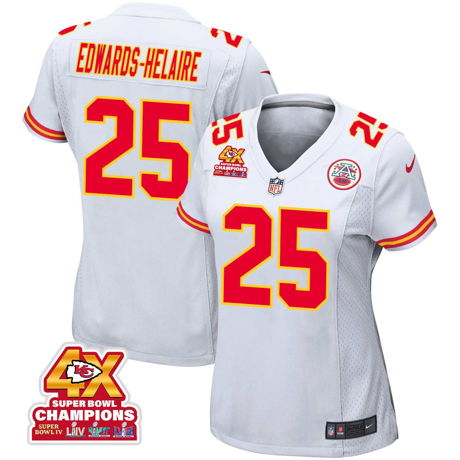 Clyde Edwards-Helaire 25 Kansas City Chiefs Super Bowl LVIII Champions 4X Game Women Jersey - White JS2957 Saliibo
