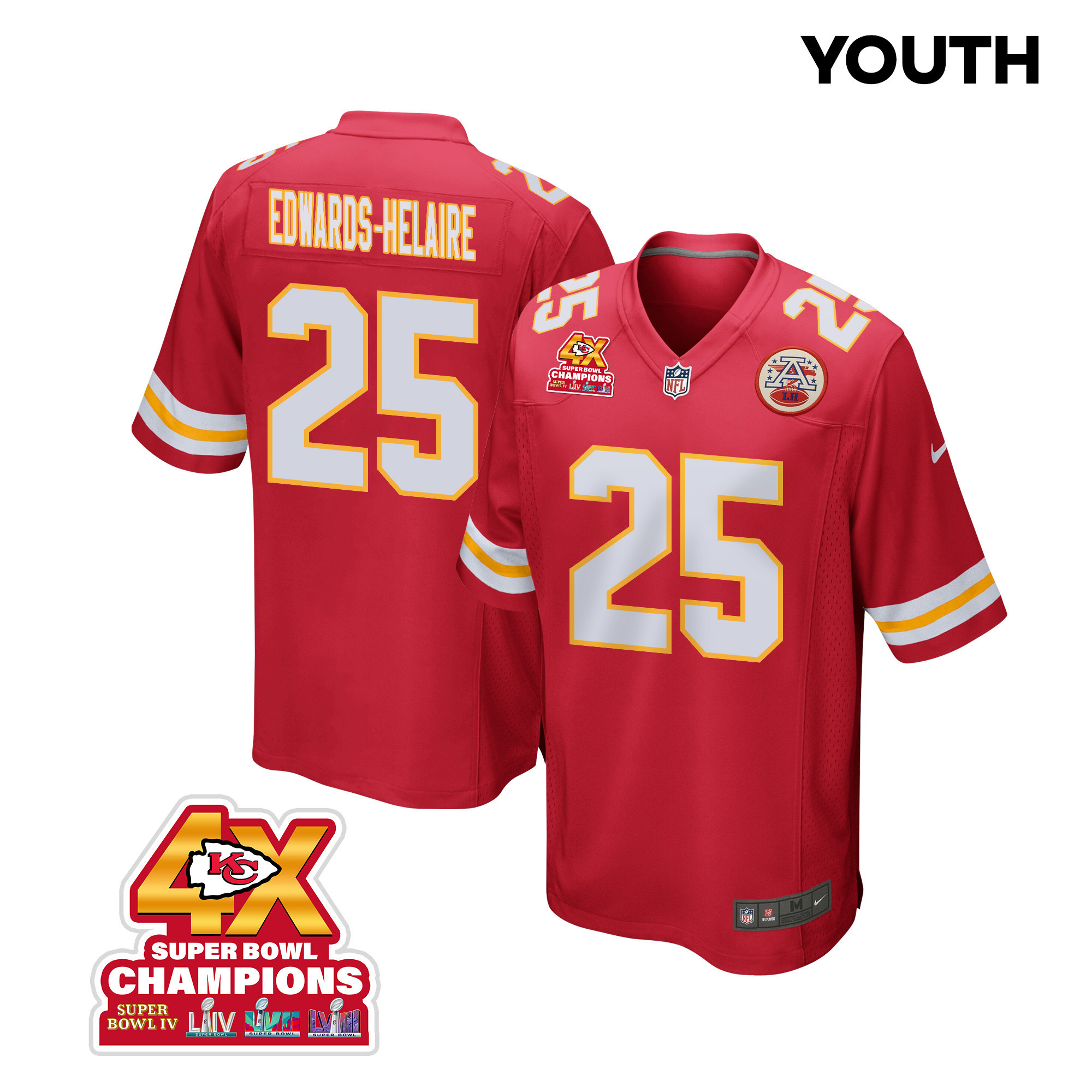 Clyde Edwards-Helaire 25 Kansas City Chiefs Super Bowl LVIII Champions 4X Game YOUTH Jersey - Red JS7580 Saliibo
