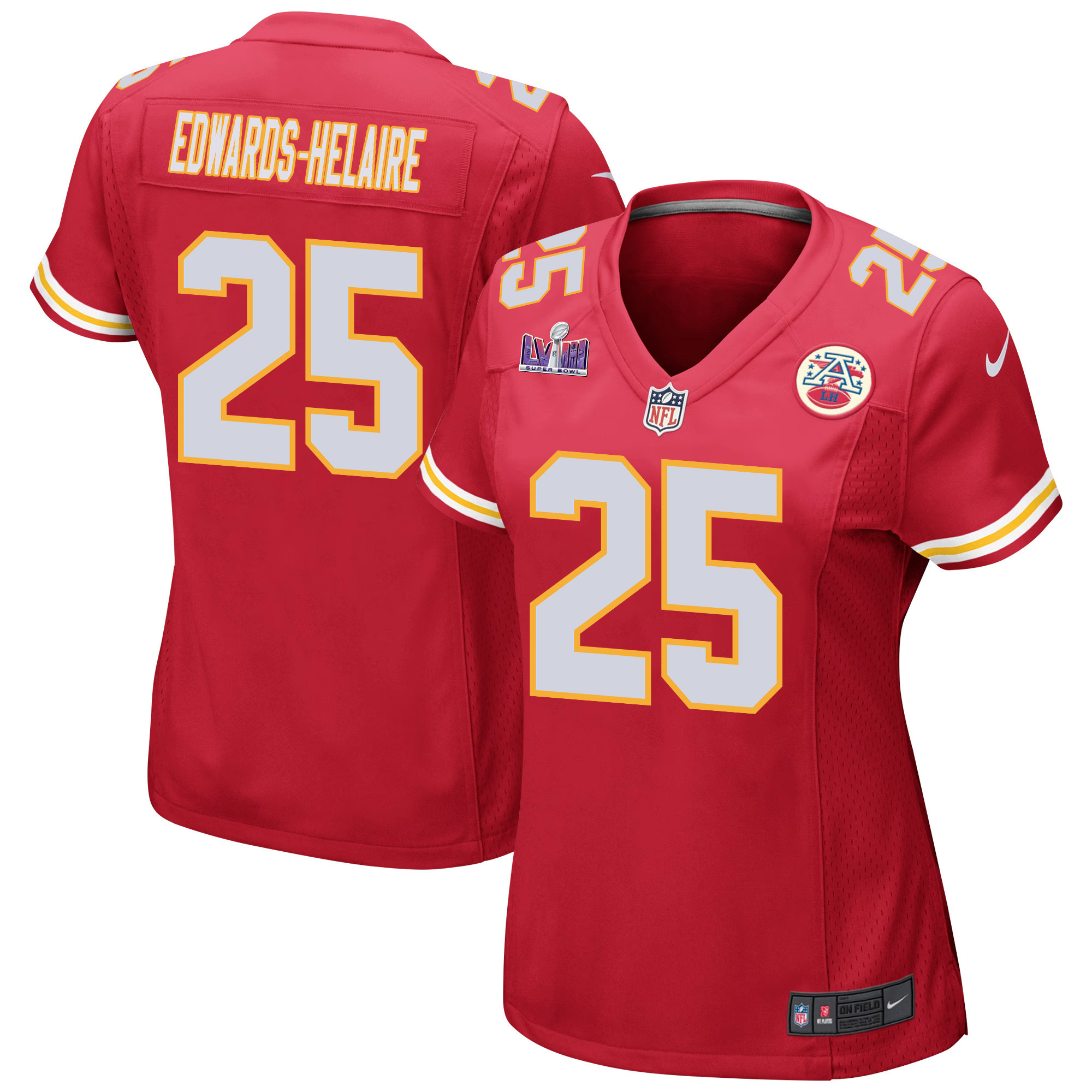 Clyde Edwards-Helaire 25 Kansas City Chiefs Super Bowl LVIII Patch Game Women Jersey - Red JS7686 Saliibo