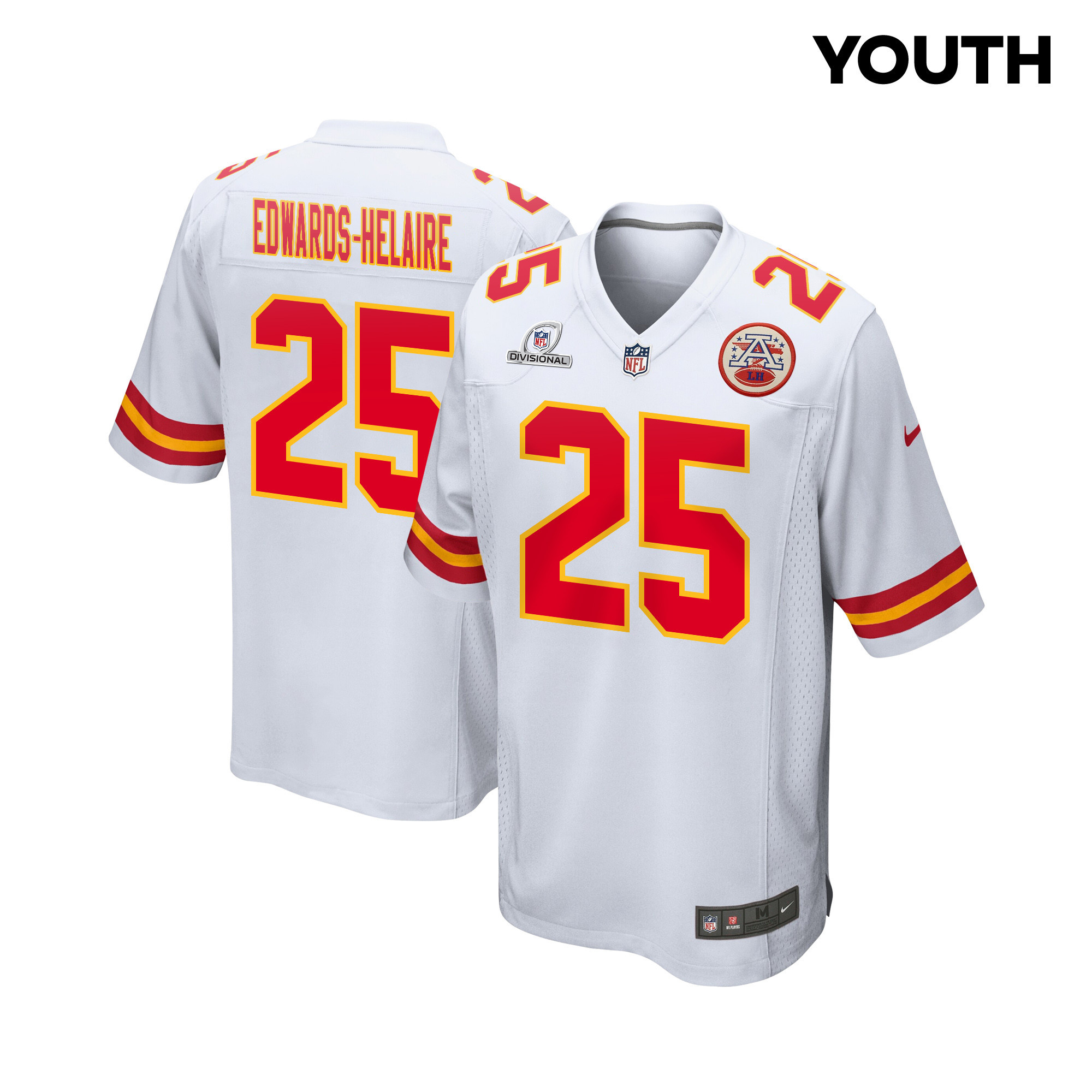 Clyde Edwards-Helaire 25 Kansas City Chiefs Super Bowl LVIII Patch Game YOUTH Jersey - White JS5307 Saliibo
