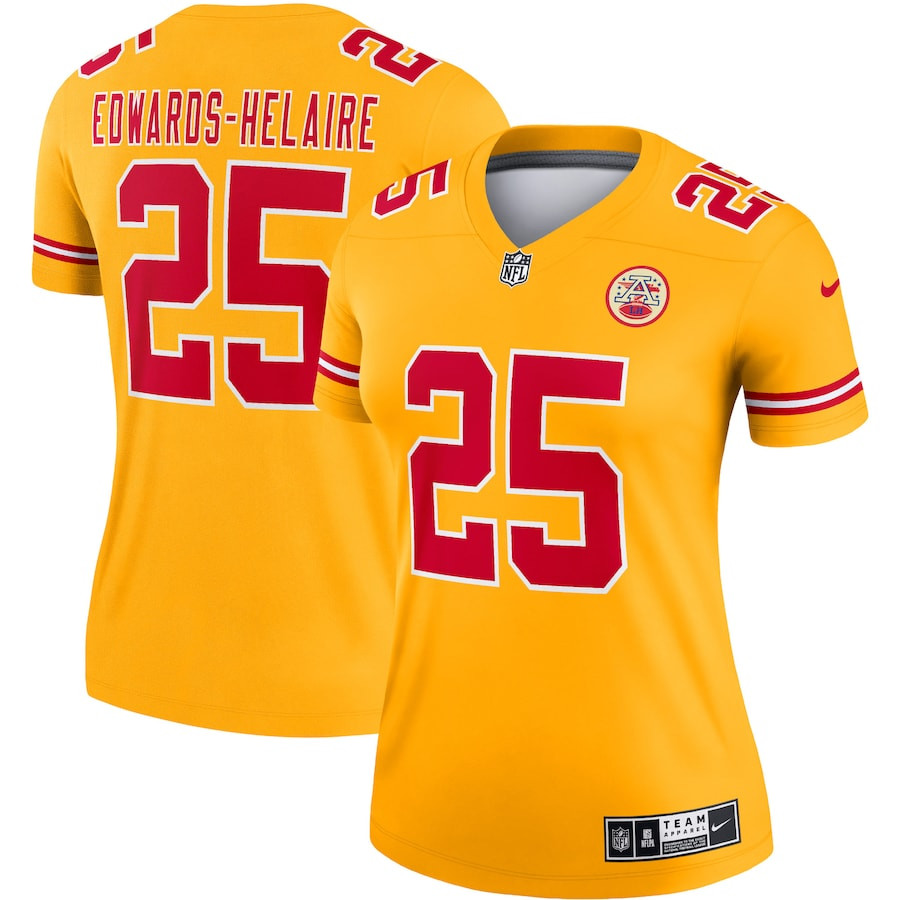 Clyde Edwards-Helaire 25 Kansas City Chiefs Women Inverted Legend Jersey - Gold JS4567 Saliibo