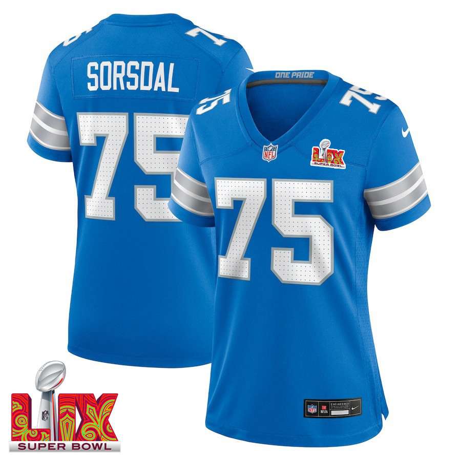 Colby Sorsdal #75 Detroit Lions Super Bowl LIX Women's Jersey - Blue JS7033 Saliibo