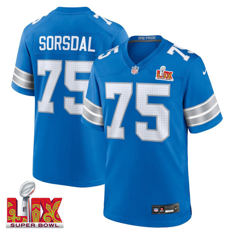 Colby Sorsdal #75 Detroit Lions Super Bowl LIX YOUTH Jersey - Blue JS5315 Saliibo
