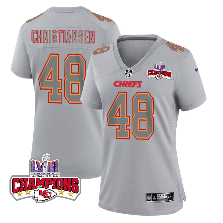 Cole Christiansen 48 Kansas City Chiefs Super Bowl LVIII Champions 4 Stars Patch Atmosphere Fashion Game Women Jersey - Gray JS2978 Saliibo