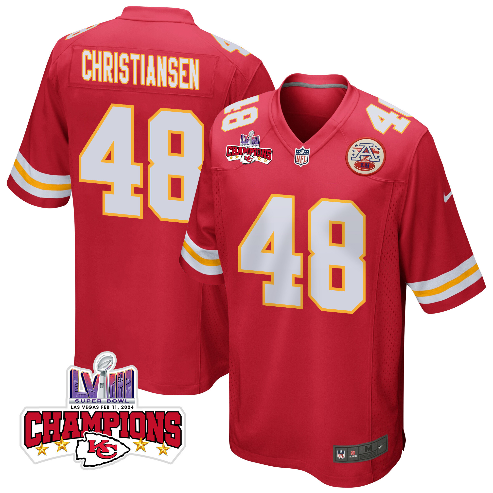 Cole Christiansen 48 Kansas City Chiefs Super Bowl LVIII Champions 4 Stars Patch Game Men Jersey - Red JS1448 Saliibo