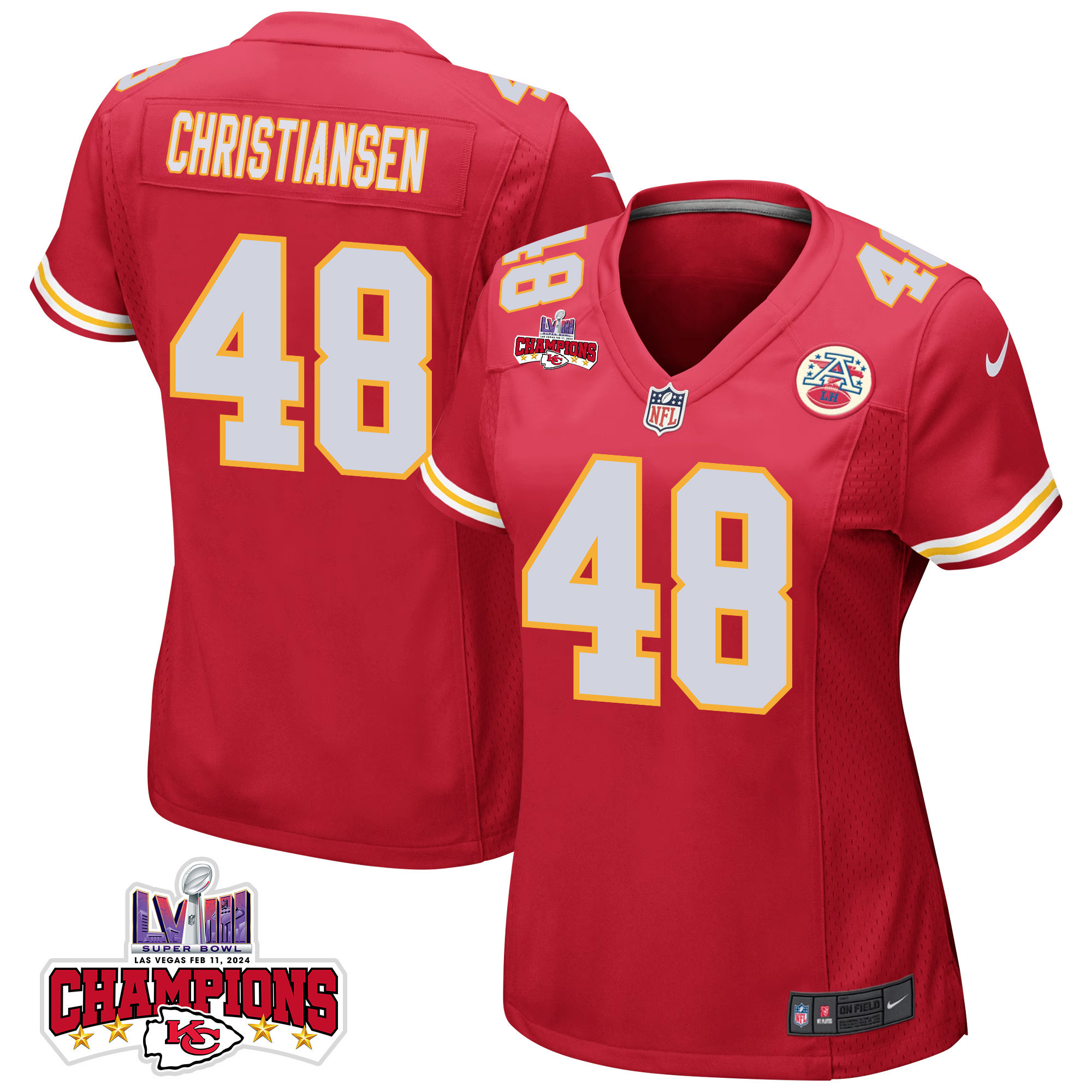 Cole Christiansen 48 Kansas City Chiefs Super Bowl LVIII Champions 4 Stars Patch Game Women Jersey - Red JS5702 Saliibo