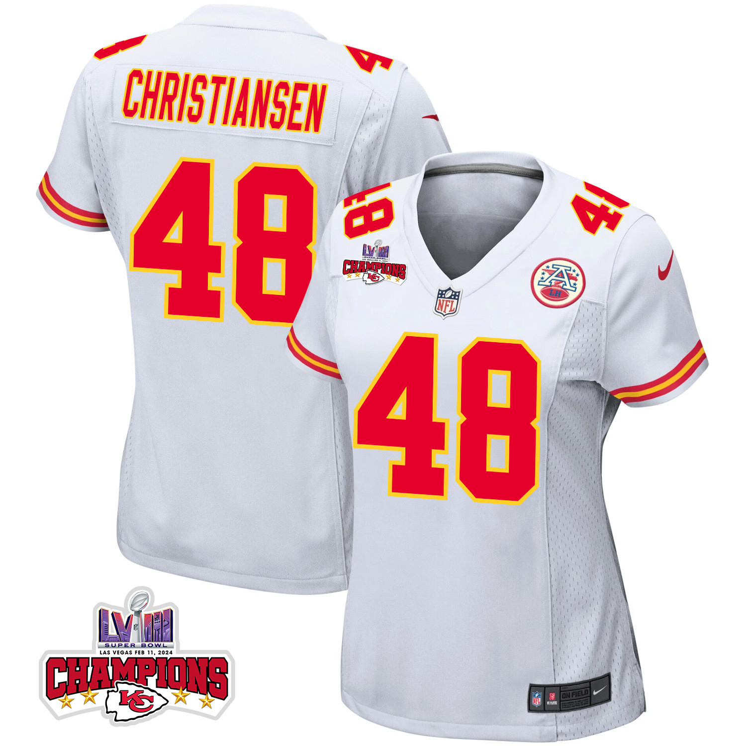 Cole Christiansen 48 Kansas City Chiefs Super Bowl LVIII Champions 4 Stars Patch Game Women Jersey - White JS4046 Saliibo