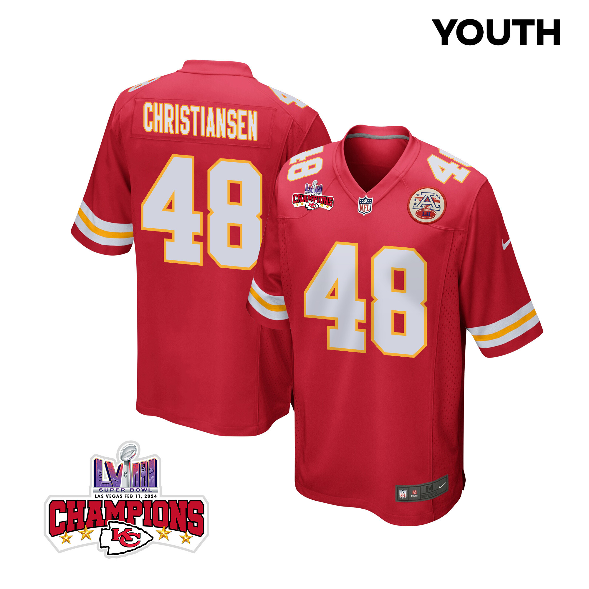 Cole Christiansen 48 Kansas City Chiefs Super Bowl LVIII Champions 4 Stars Patch Game YOUTH Jersey - Red JS2196 Saliibo