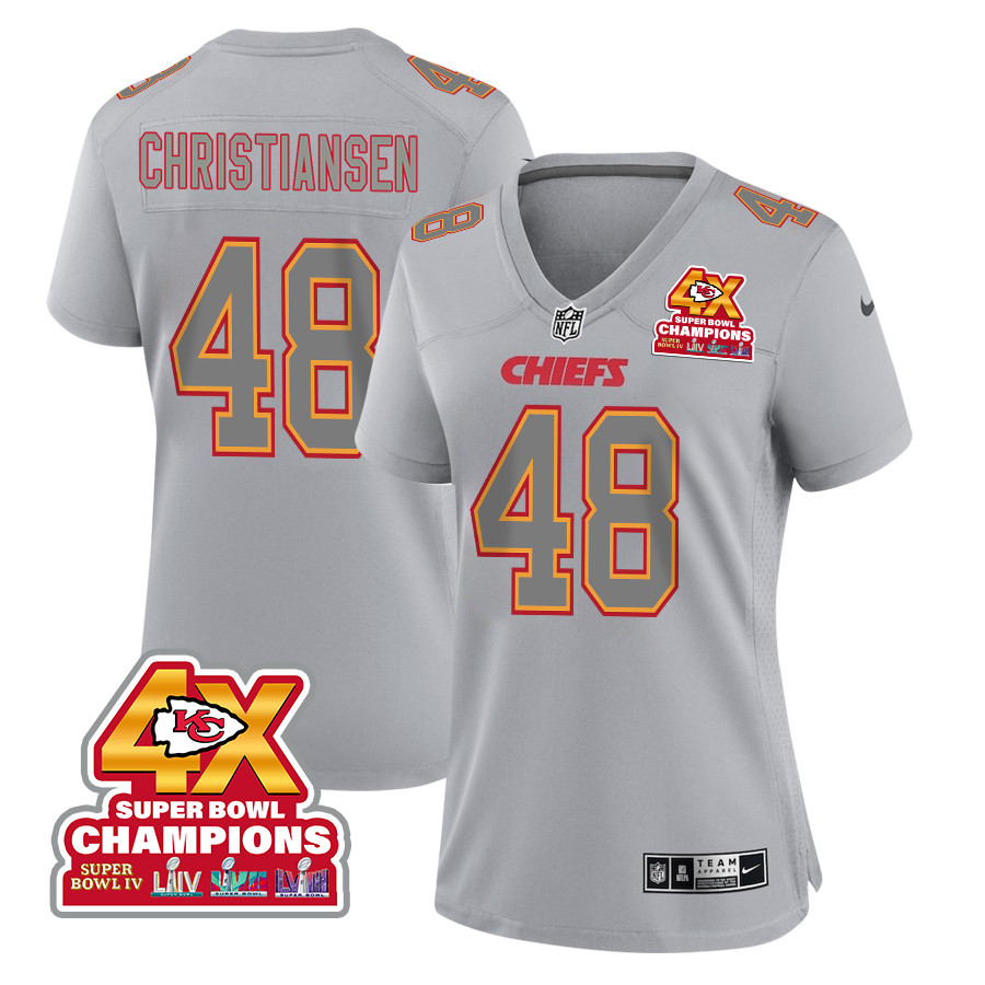 Cole Christiansen 48 Kansas City Chiefs Super Bowl LVIII Champions 4X Atmosphere Fashion Game Women Jersey - Gray JS4621 Saliibo