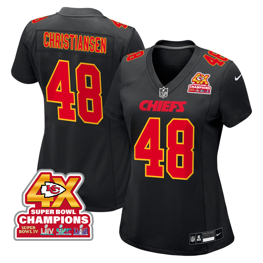 Cole Christiansen 48 Kansas City Chiefs Super Bowl LVIII Champions 4X Fashion Game Women Jersey - Carbon Black JS3209 Saliibo