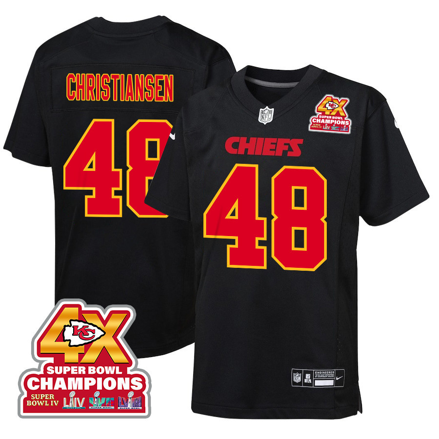 Cole Christiansen 48 Kansas City Chiefs Super Bowl LVIII Champions 4X Fashion Game YOUTH Jersey - Carbon Black JS1787 Saliibo